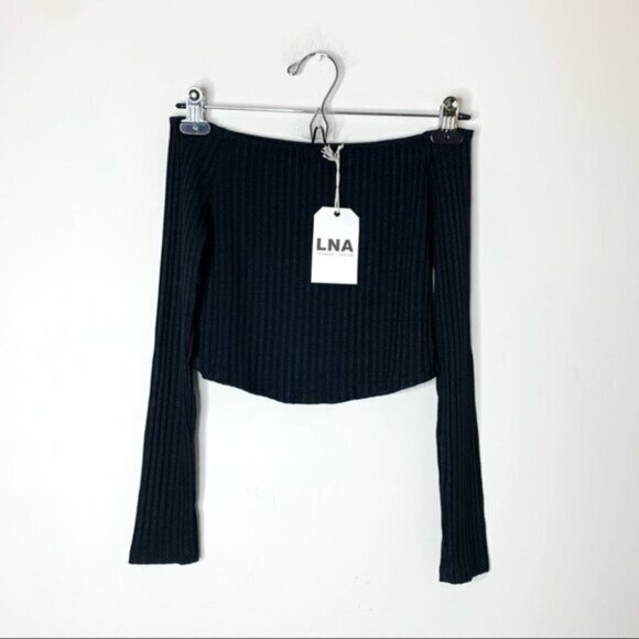 Revolve LNA Off the Shoulders Cropped Top Ribbed Knit Long Sleeve Black Small - Picture 15 of 16